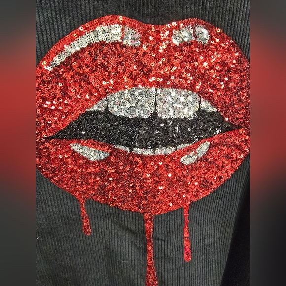 Fantastic Fawn Black Corduroy Jacket with Red Sequins Lip Design Size Medium - Picture 4 of 8